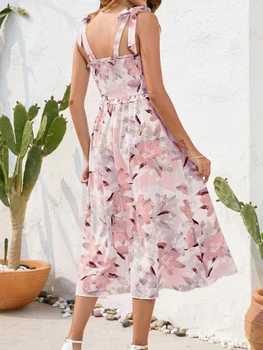 Boho Çiçek Baskı Elbise Kadınlar Zarif Kolsuz Backless Spagetti kemerli elbise Kadın Vintage Casual Bandaj Tatil Maxi Elbise