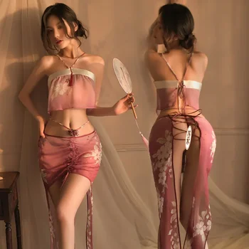 Geleneksel Çin Püskül Kostüm Sevimli Hanfu Mini Etek Seksi İç Çamaşırı Perspektif Degrade Renk Porno Bandaj Üniforma Günaha