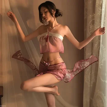 Geleneksel Çin Püskül Kostüm Sevimli Hanfu Mini Etek Seksi İç Çamaşırı Perspektif Degrade Renk Porno Bandaj Üniforma Günaha