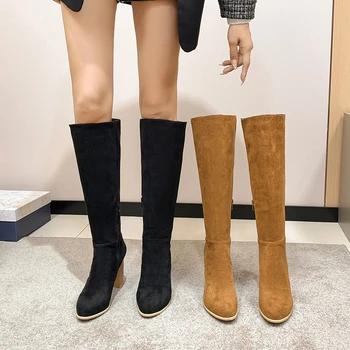 Kadın Süet Diz Yüksek Çizmeler Bayanlar Katı Sivri Burun Uzun Çizmeler Retro Roma Yüksek Topuklu Ayakkabılar 2023 Kadın Sonbahar Kış Uzun Çizme