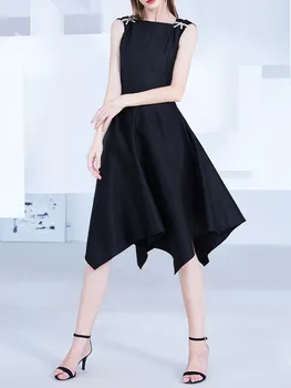 KBQ Eklenmiş Yay Backless Elbiseler Kadınlar İçin Kare Yaka Kolsuz Yüksek Bel Düzensiz Hem Bir Çizgi Katı Elbise Kadın Moda