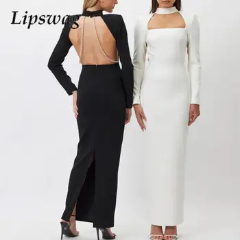 Moda Uzun Kollu Sıska Parti Elbise Zarif Bayanlar Hollow Rhinestone Backless uzun elbise kadın Seksi Düz Kulübü Elbiseler