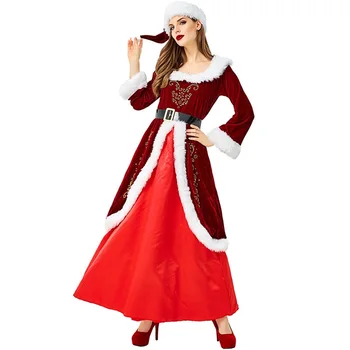 Noel Kraliçe Elbise Kadınlar için Peluş Patchwork Uzun Kollu Kare Boyun Bayan Baba Elbise Kostüm Kıyafetler