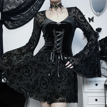 Vintage Koyu Akın Uzun Kollu Elbise Kadınlar Kızlar için Gotik Bodycon Dropship