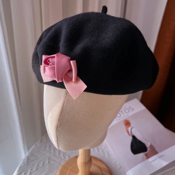 Yeni kadın Şapka Kış Pembe Renk Yün Bereliler Sevimli Çiçek Fransız Tarzı Kap Kadın Kızlar Başkanı Wrap Bonnet Turbante Mujer