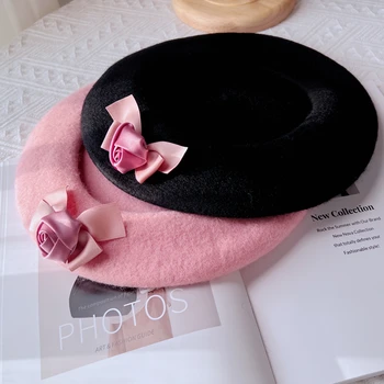 Yeni kadın Şapka Kış Pembe Renk Yün Bereliler Sevimli Çiçek Fransız Tarzı Kap Kadın Kızlar Başkanı Wrap Bonnet Turbante Mujer