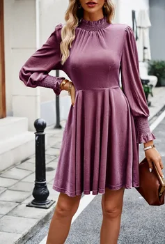 Zarif Tam Kollu Elbiseler İlkbahar / Yaz kadın Elbise 2023 Yeni Mock Boyun Katı Peluş Yüksek Bel Sıska Mini Elbise bayanlar için