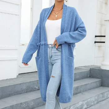 2023 Sonbahar Kış Yeni Moda Sokak Stili Hırka Bayan Uzun Trendyol Cep Paneli Mizaç Banliyö Püskül Ceket Kazak