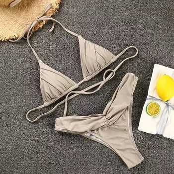 2024 Katı bikini seti Kadınlar Seksi Vintage Mayo Pilili Mayo Üçgen Brezilyalı Bikini Kadın Yeni Mayo Plaj Kıyafeti