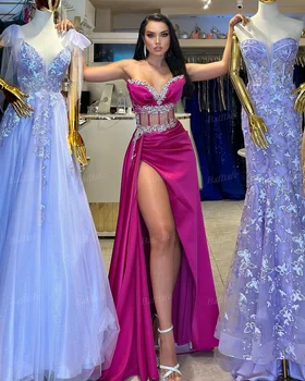 Bafftafe Mermaid Saten Uzun Abiye 2024 Kristaller See Through Kemikleri Yüksek Bölünmüş Kadınlar kutlama elbiseleri Özel Balo Abiye