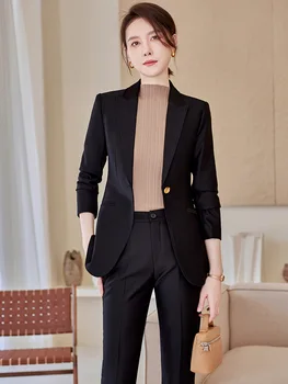 Bayanlar Ofis Zarif Resmi Üniforma Tasarımları Pantolon Takım Elbise Sonbahar Kış Profesyonel Kadın iş elbisesi OL Stilleri Blazers Seti