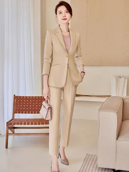 Bayanlar Ofis Zarif Resmi Üniforma Tasarımları Pantolon Takım Elbise Sonbahar Kış Profesyonel Kadın iş elbisesi OL Stilleri Blazers Seti