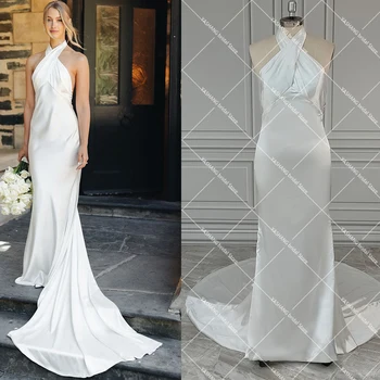 Criss Çapraz Halter Saten Aç Geri düğün elbisesi Custom Made Soğuk Omuz Kolsuz Düşük Kesim Basit Şapel Tren gelinlikler