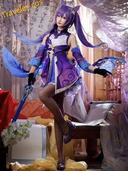 Gezgin - cos Anime Oyunu Genshin Darbe Keqing Takım Elbise Cosplay Kostüm Üniforma Cadılar Bayramı Karnaval Parti Rol Oynamak Kıyafet Tam Set