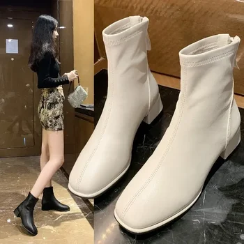 Kadın Elastik Çorap Çizmeler 2024 Kış Yeni Moda yarım çizmeler Kadın Yüksek Topuk kısa çizmeler Kadın Retro kadın ayakkabısı Artı Boyutu
