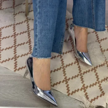 Kadın Metalik Patent Bronz Deri Pompaları 7.5 cm 10.5 cm Yüksek Topuklu Bayan Stiletto Orta Düşük Topuklu Düğün Gelin Gümüş Ayakkabı