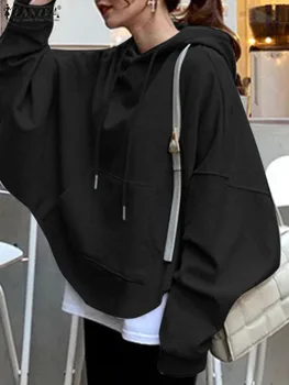 Moda Kadın Hoodies Sonbahar Katı Kapşonlu Uzun Kollu Düzensiz Hem Tişörtü ZANZEA 2023 Casual Femme Kazak Bluz