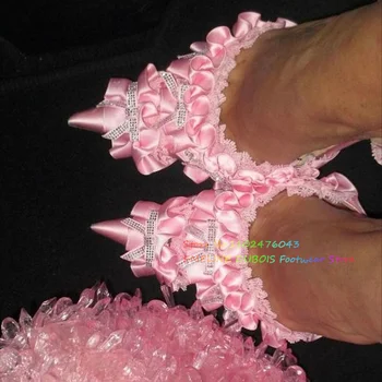 Pembe Kristal Kelebek Düğüm Dantel Pompaları Saten Sivri Burun Stilettos Topuk Geri Askı Slingback Kadın Ayakkabı 2023 Moda Yüksek Topuklu