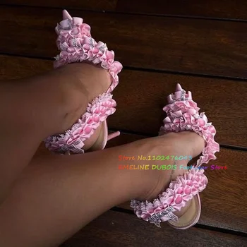 Pembe Kristal Kelebek Düğüm Dantel Pompaları Saten Sivri Burun Stilettos Topuk Geri Askı Slingback Kadın Ayakkabı 2023 Moda Yüksek Topuklu