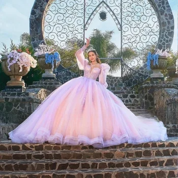 Pembe Quinceanrea Elbiseler 2024 Sevgiliye Kabarık Şeffaf Uzun Kollu Prenses Tatlı 15 16 Yıl Kız Doğum Günü Partisi Örgün Törenlerinde