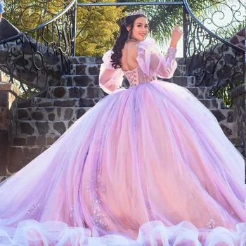 Pembe Quinceanrea Elbiseler 2024 Sevgiliye Kabarık Şeffaf Uzun Kollu Prenses Tatlı 15 16 Yıl Kız Doğum Günü Partisi Örgün Törenlerinde