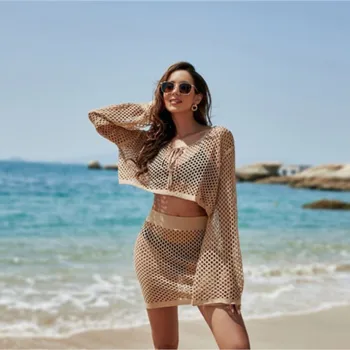 Plaj Giysileri Kadın Elbise Setleri Pareo bikini seti 2023 Yeni Örme Önlük Örgü İki Trompet Uzun Kollu Seksi İçi Boş Katı Polyester