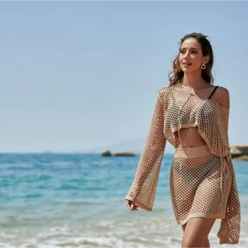 Plaj Giysileri Kadın Elbise Setleri Pareo bikini seti 2023 Yeni Örme Önlük Örgü İki Trompet Uzun Kollu Seksi İçi Boş Katı Polyester