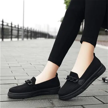 Streç Örgü düz ayakkabı Kadın 2023 Sonbahar Yaz Nefes Örgü Flats Moccasins Zincir günlük mokasen ayakkabı üzerinde Kayma Elbise Ayakkabı Spor Ayakkabı