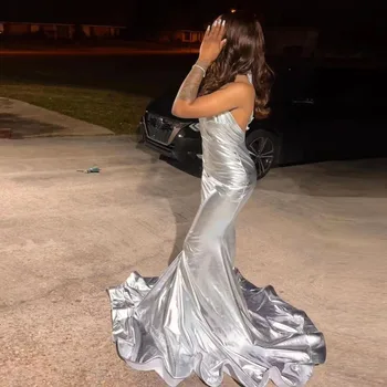 Yeni Gümüş Mermaid balo kıyafetleri 2022 V Boyun Kolsuz Mezuniyet Partisi Akşam Elbise Doğum Günü Törenlerinde Elbiseler De Soirée